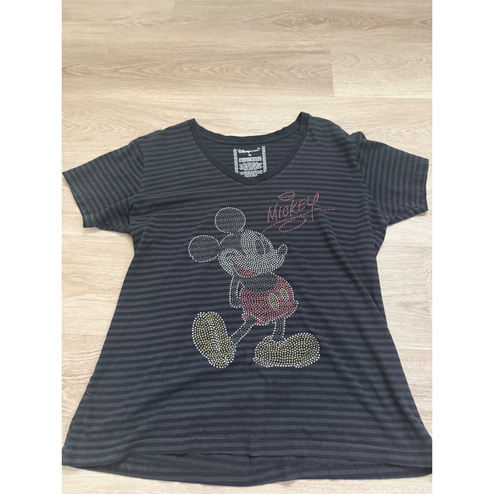 Disney Store Mickey Mouse Rhinestone Striped V-Neck T-Shirt Grey Black XL